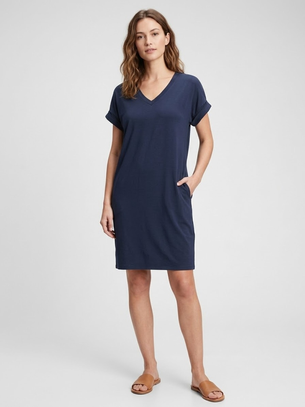 Zenana Outfitters Navy Blue V-Neck Tunic Dress with Pockets, Women’s Size Large